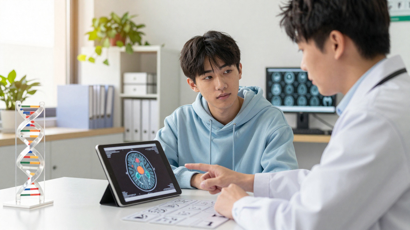 Paciente jovem consulta médico que mostra imagem de exame cerebral em tablet durante avaliação neurológica.