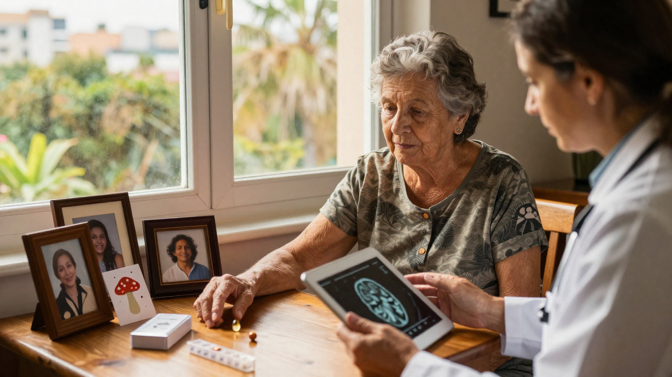 Idosa sentada com médica, analisando exame cerebral em tablet, perto de fotos em mesa próxima à janela.