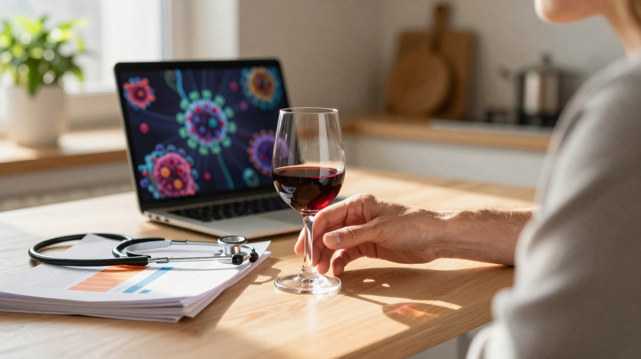 Pessoa segurando taça de vinho tinto em mesa com laptop, estetoscópio e documentos sobre saúde.
