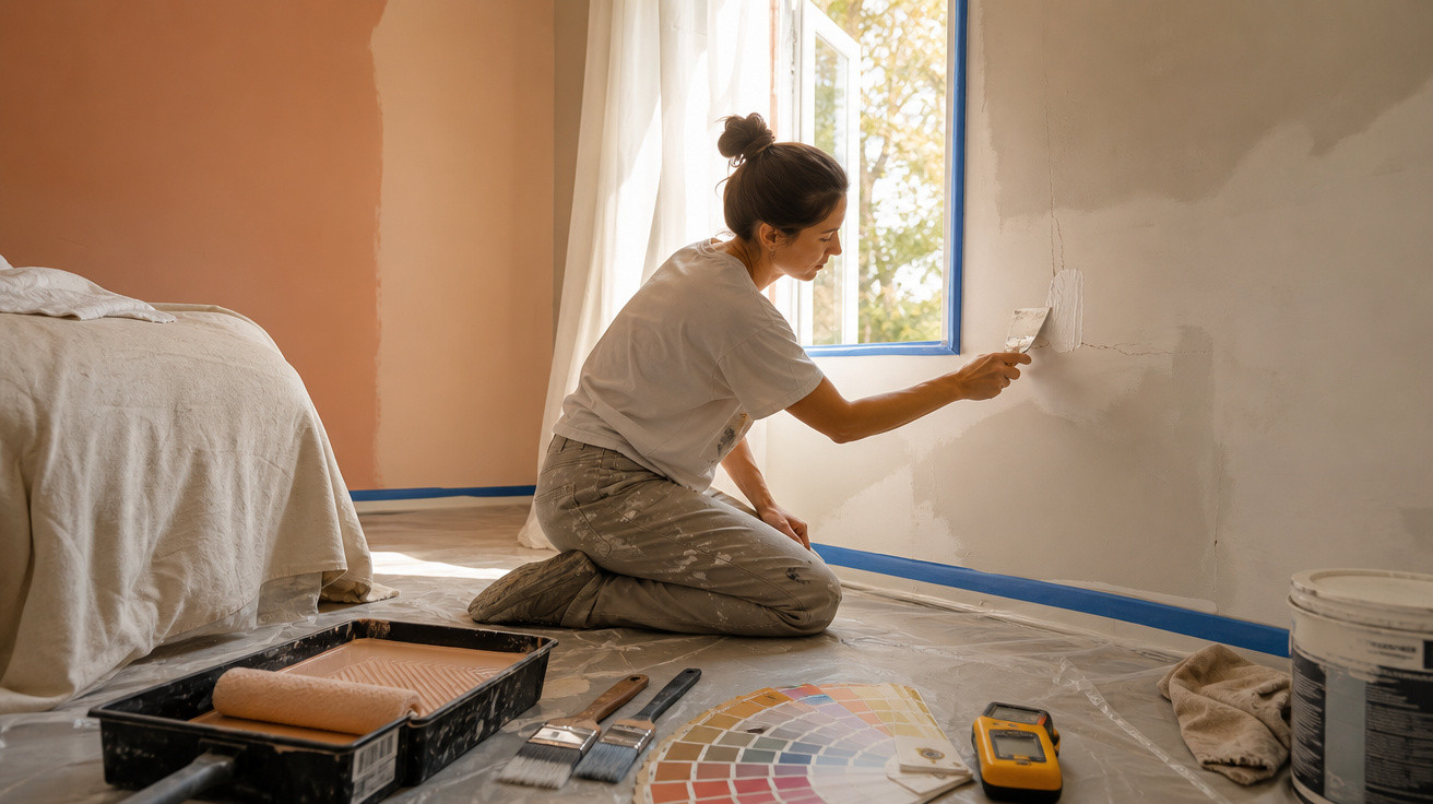 Mulher pintando parede branca em quarto, cercada por pincéis, rolo de pintura e amostras de cores.
