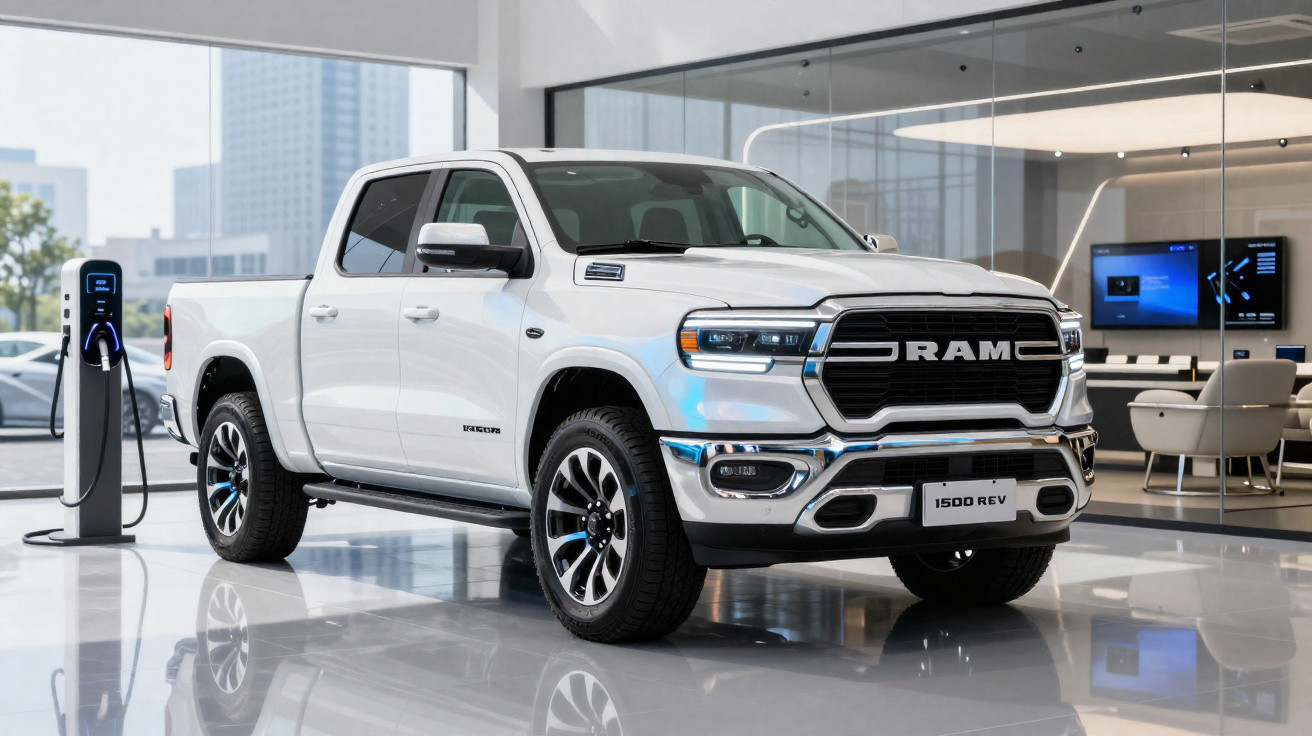 Picape elétrica branca da RAM 1500 REV estacionada em showroom ao lado de estação de carregamento.