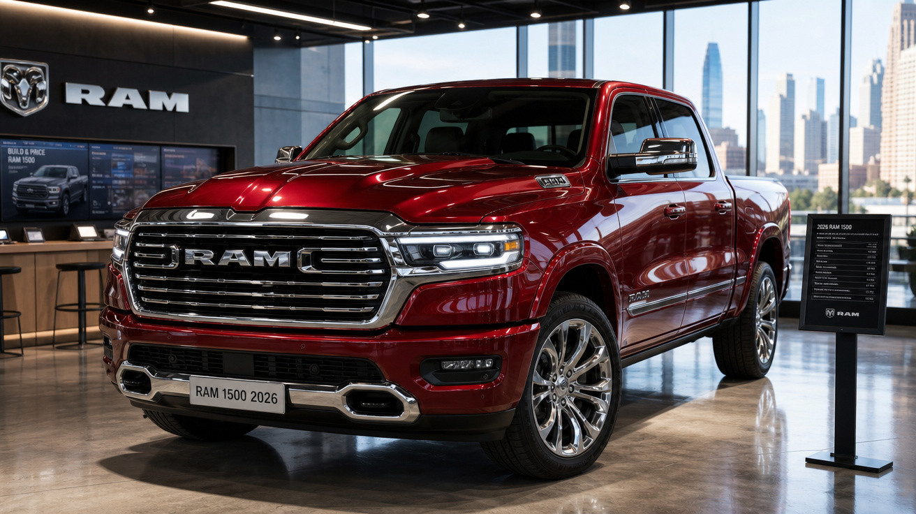 Picape vermelha RAM 1500 2026 exposta em showroom moderno com vidros grandes e vista urbana ao fundo.