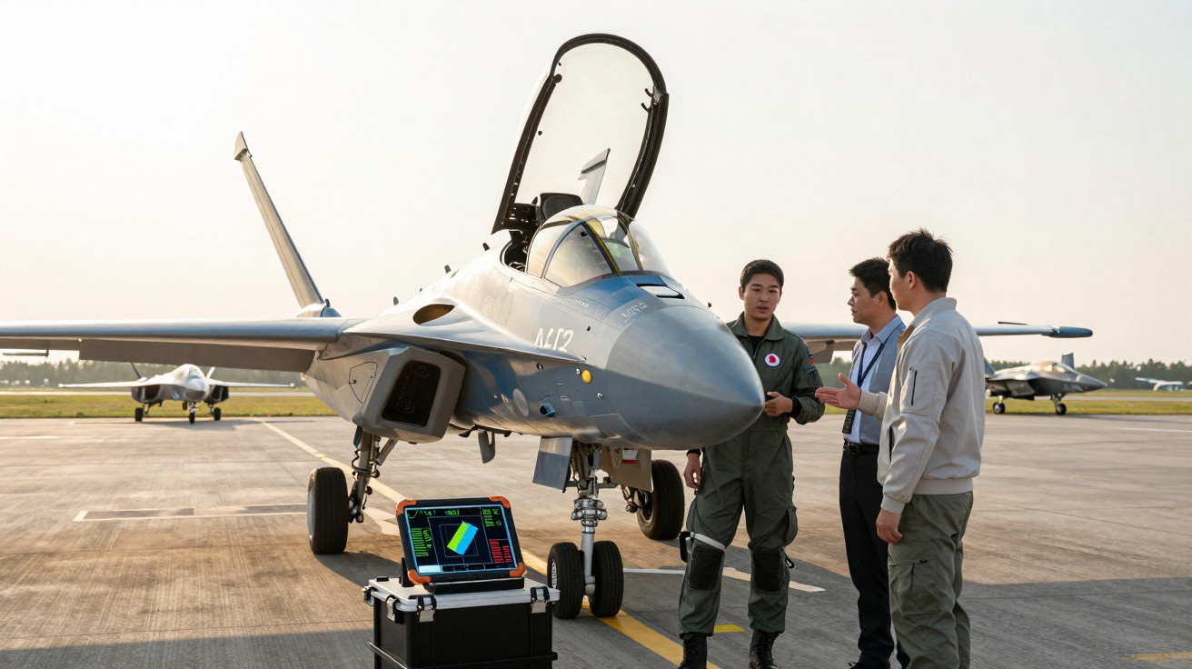 Caça militar cinza com cockpit aberto e três homens em uniforme conversando na pista de decolagem.