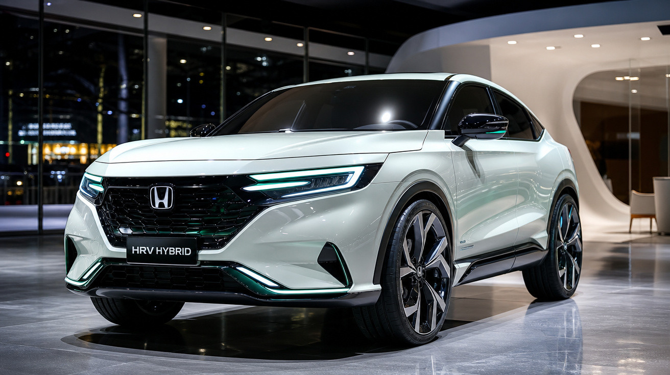 Carro branco Honda HR-V Hybrid em ambiente interno com iluminação noturna e design moderno.