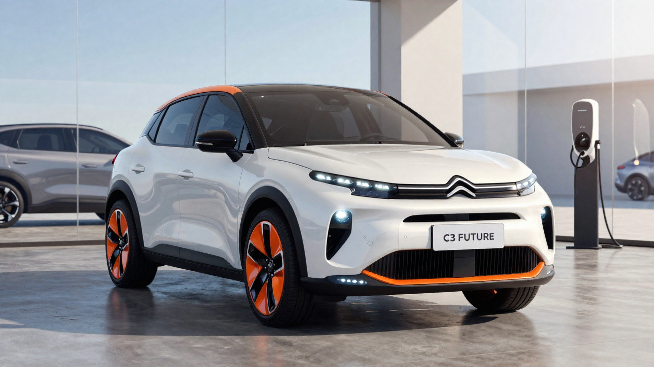 Carro elétrico Citroën C3 Future branco com detalhes laranja estacionado em showroom moderno com ponto de recarga.