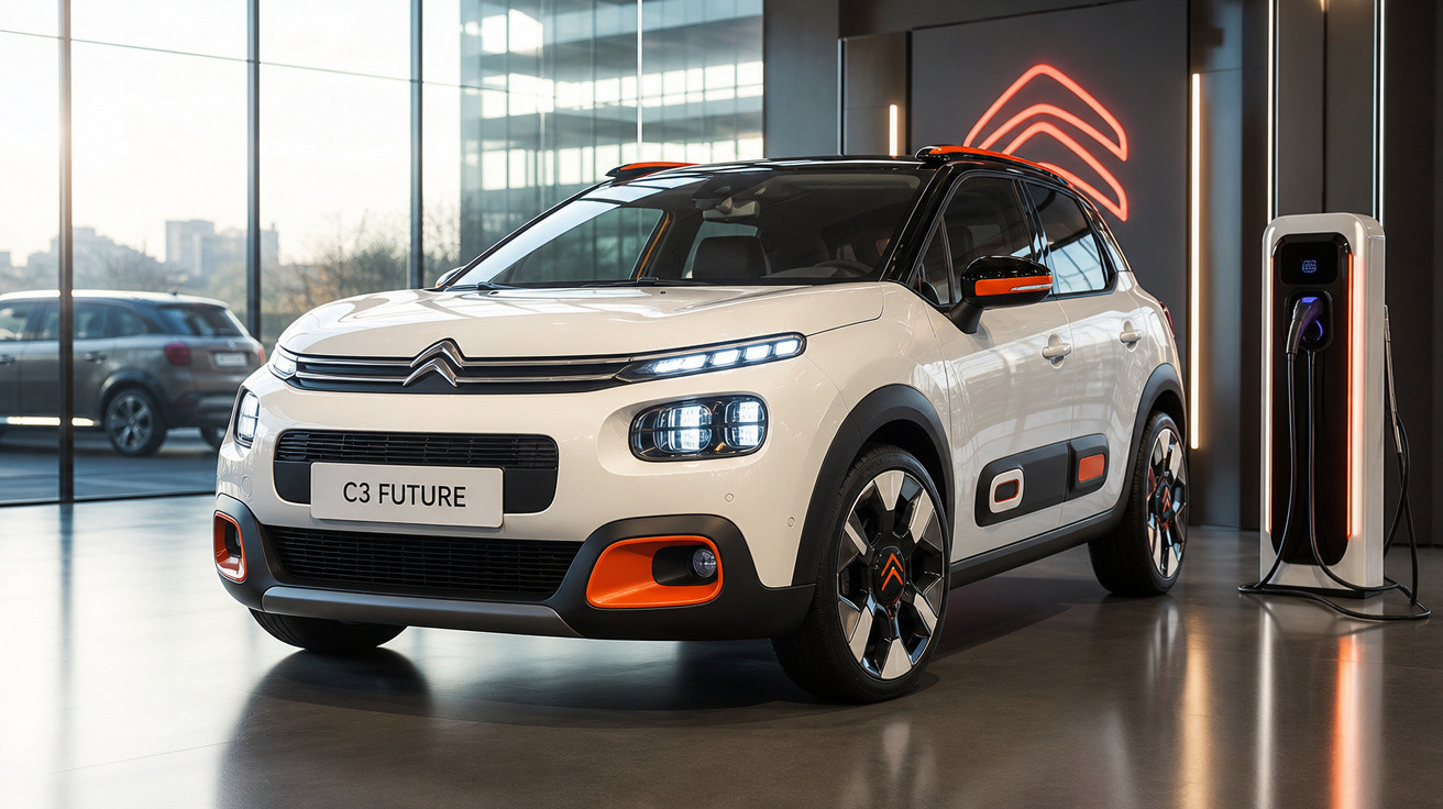Carro elétrico Citroën C3 Future branco com detalhes em laranja em showroom moderno junto a carregador.