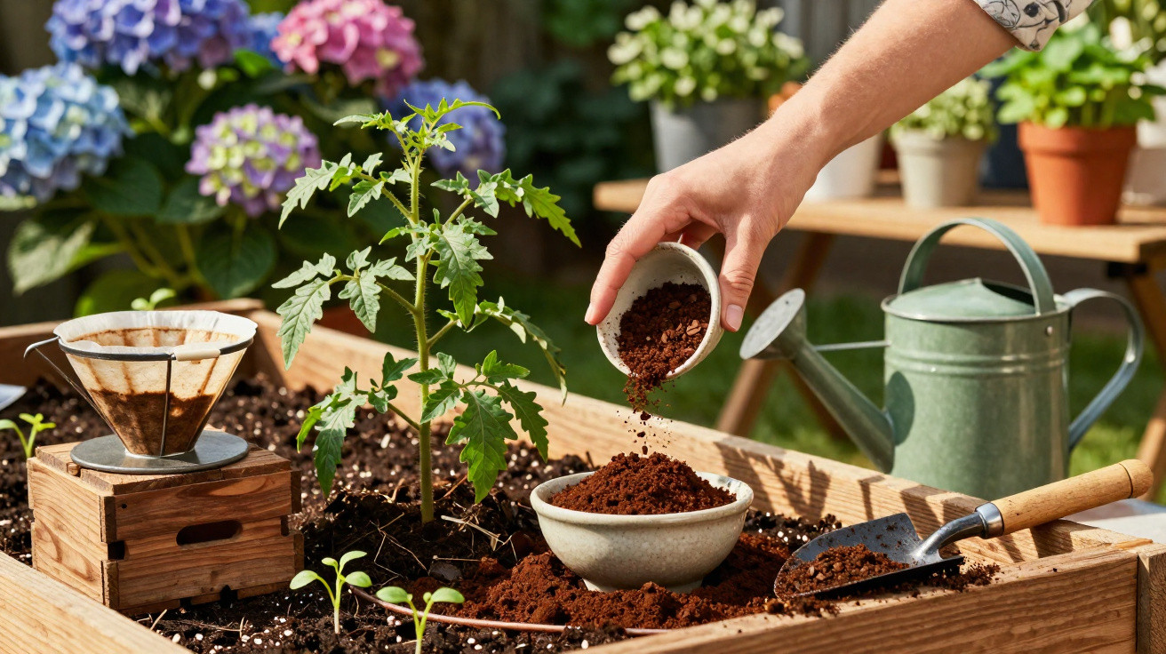 Mão adiciona borra de café em vaso com muda de tomate em jardim com regador e flores coloridas ao fundo.