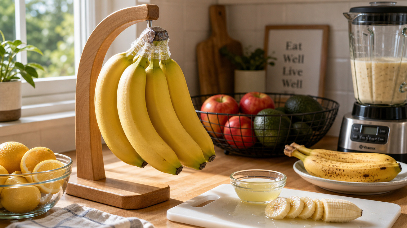 Cacho de bananas pendurado em suporte de madeira na cozinha com frutas e liquidificador ao fundo.