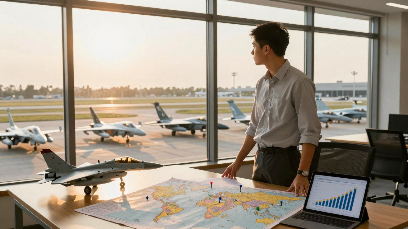 Homem observa aviões de caça na pista enquanto analisa mapa-múndi com alfinetes e gráfico no laptop.