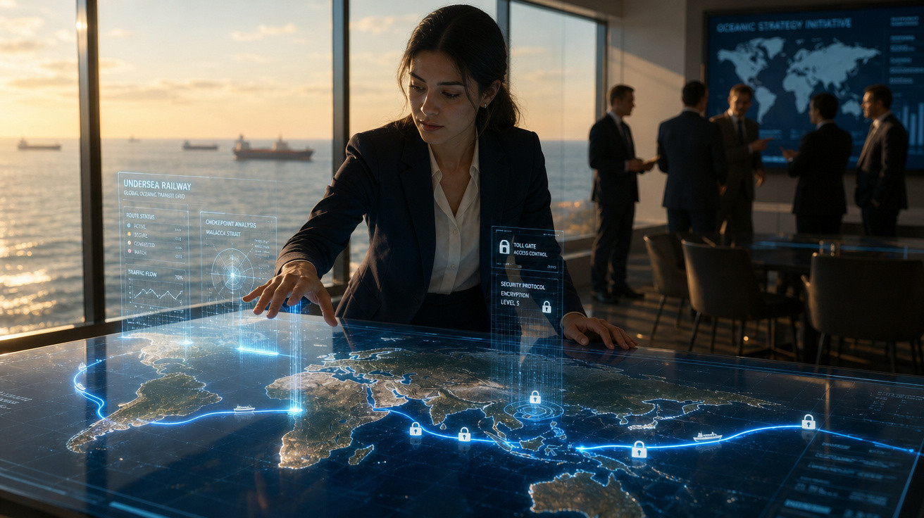 Mulher interage com mesa digital holográfica mostrando mapa e dados de rotas marítimas ao pôr do sol.