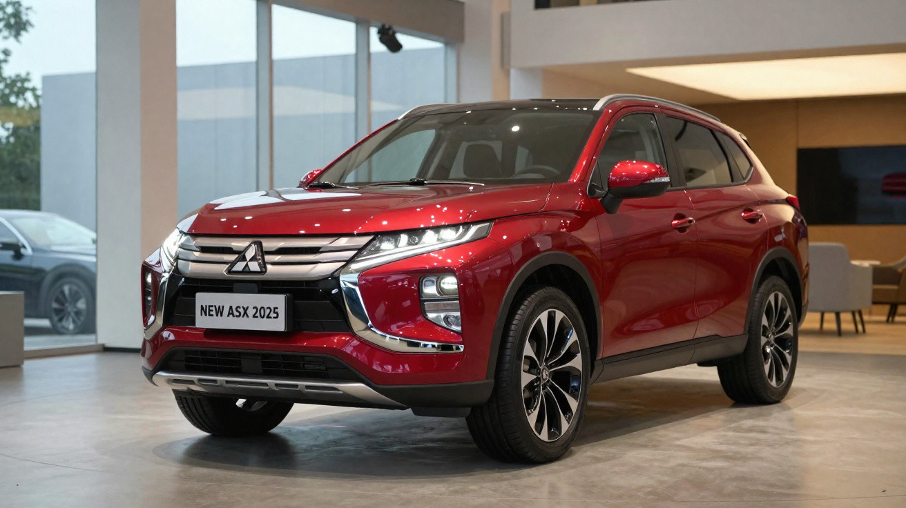 SUV vermelho Mitsubishi ASX 2025 exibido em ambiente interno moderno e iluminado.