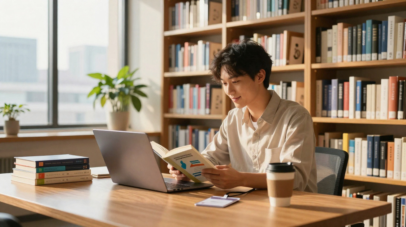 Jovem estudando com livro e laptop em biblioteca iluminada por luz natural, com xícara de café na mesa.