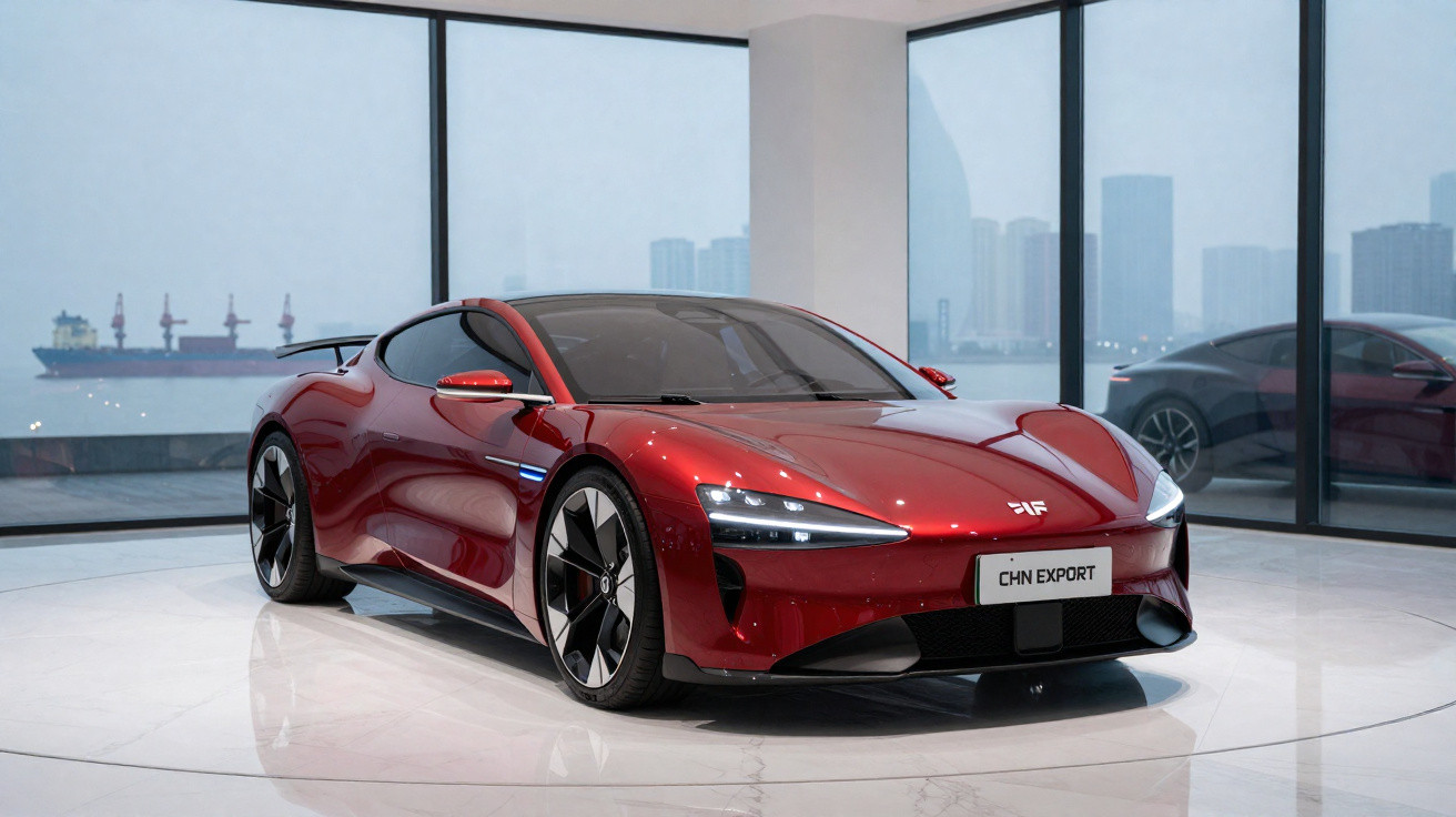 Carro esportivo vermelho brilhante exibido em showroom com janelas grandes e vista urbana ao fundo.