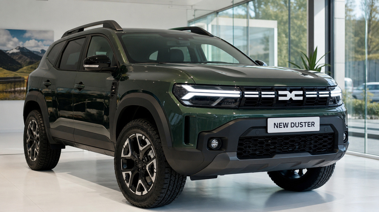 SUV New Duster verde em exposição dentro de showroom moderno com grandes janelas de vidro.