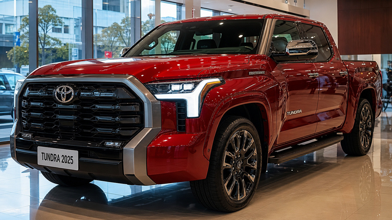 Picape Toyota Tundra 2025 vermelha exposta em showroom moderno com piso espelhado.