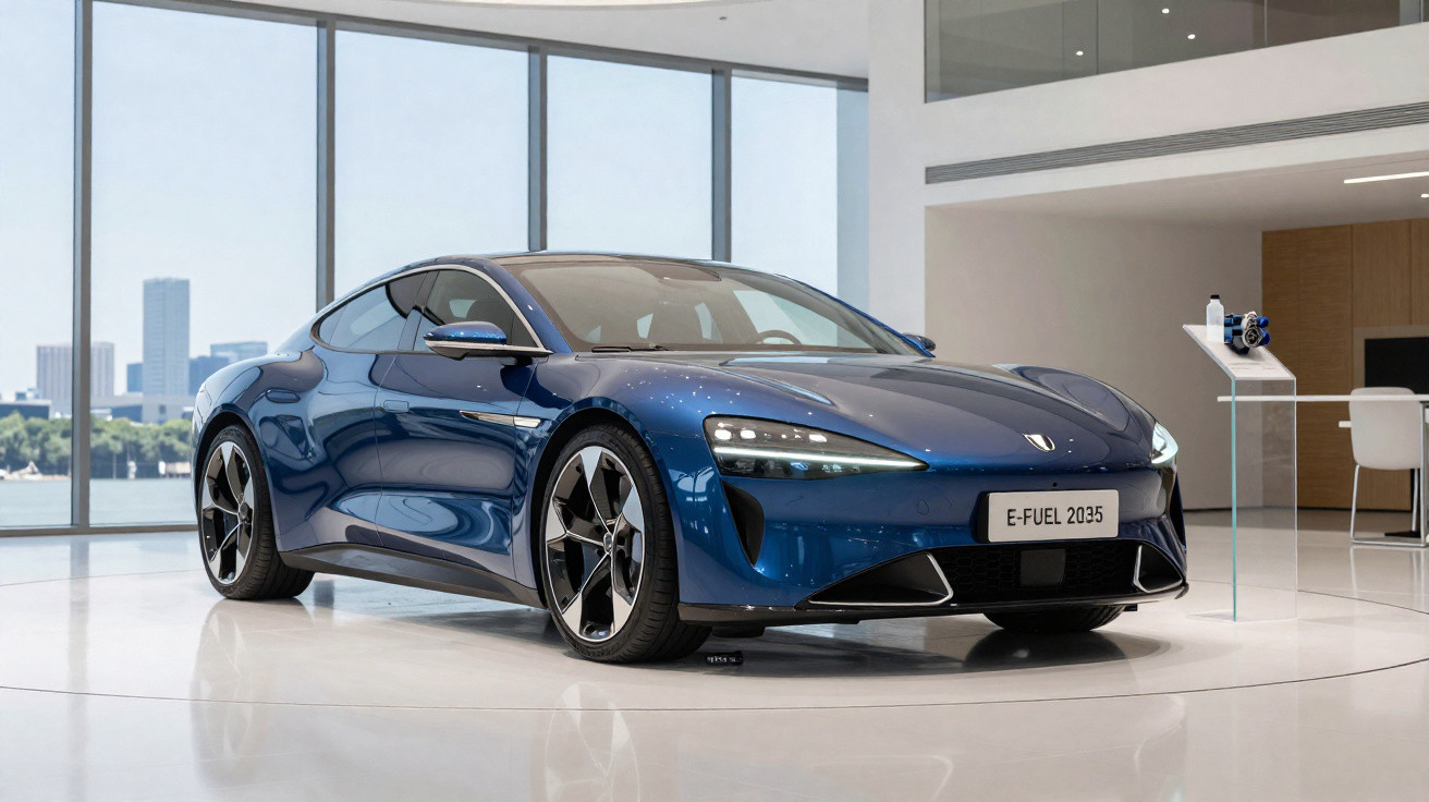 Carro esportivo elétrico azul exibido em showroom moderno com grandes janelas e móveis brancos.