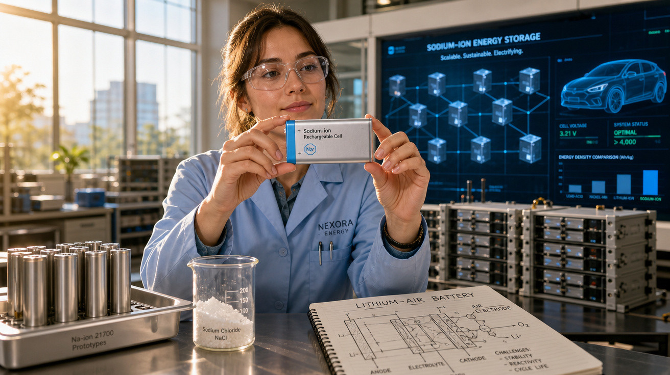 Mulher cientista em laboratório segurando célula recarregável de íon sódio com equipamentos e anotações ao redor.