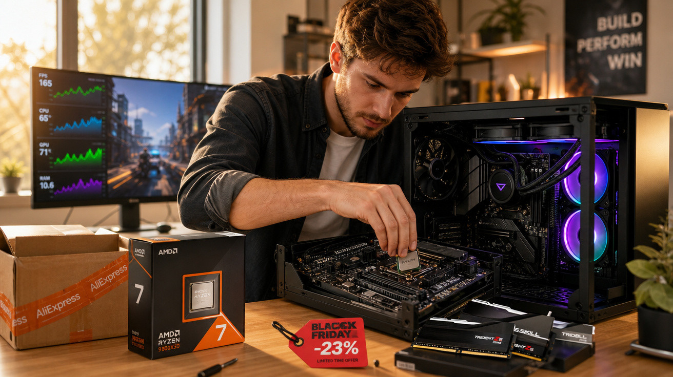 Homem instalando processador AMD Ryzen em placa-mãe com PC gamer aberto em mesa, luz roxa e monitor ao fundo.
