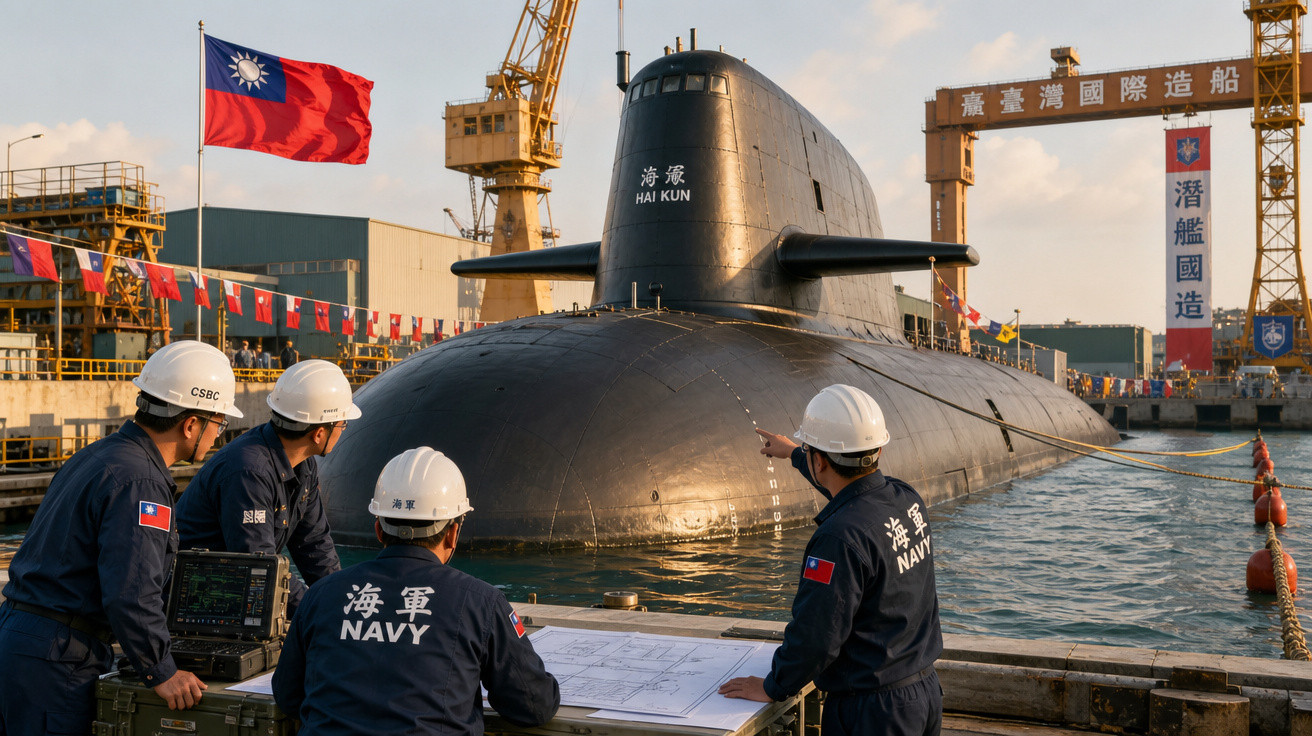 Quatro militares da marinha observam o submarino Hai Kun atracado em doca com bandeiras de Taiwan ao fundo.