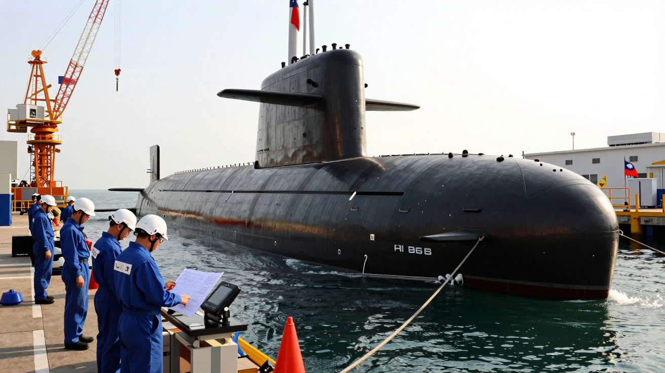 Submarino preto atracado em porto com cinco pessoas de macacão azul e capacete branco realizando inspeção.