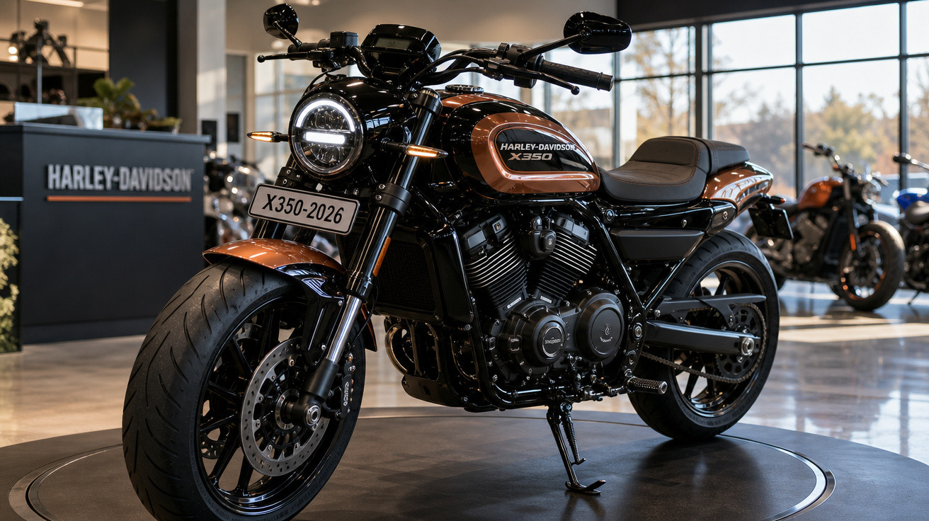 Motocicleta Harley-Davidson X350 preta e bronze exposta em showroom iluminado por luz natural.