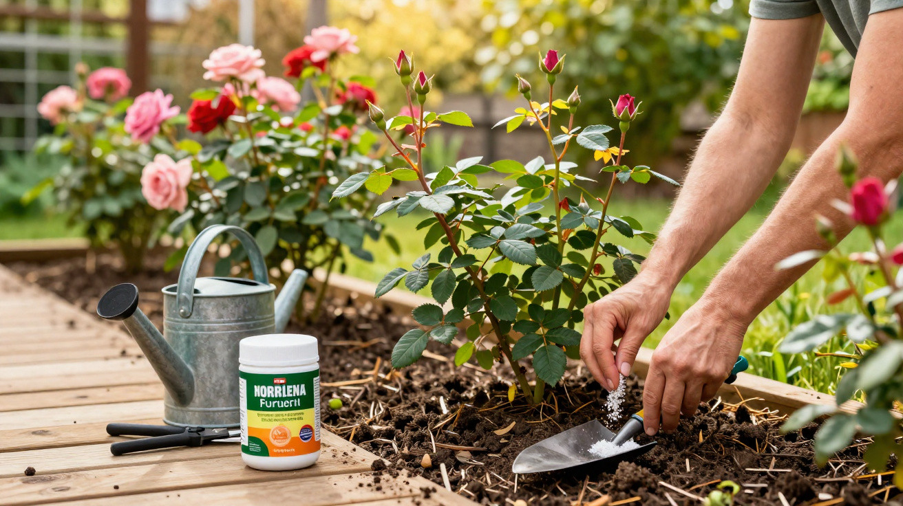 Pessoa aplicando fertilizante em roseiras com regador e recipiente de produto ao lado.