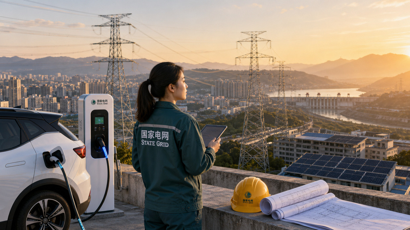 Mulher em uniforme observa cidade ao pôr do sol com carro elétrico carregando e placas solares ao fundo.