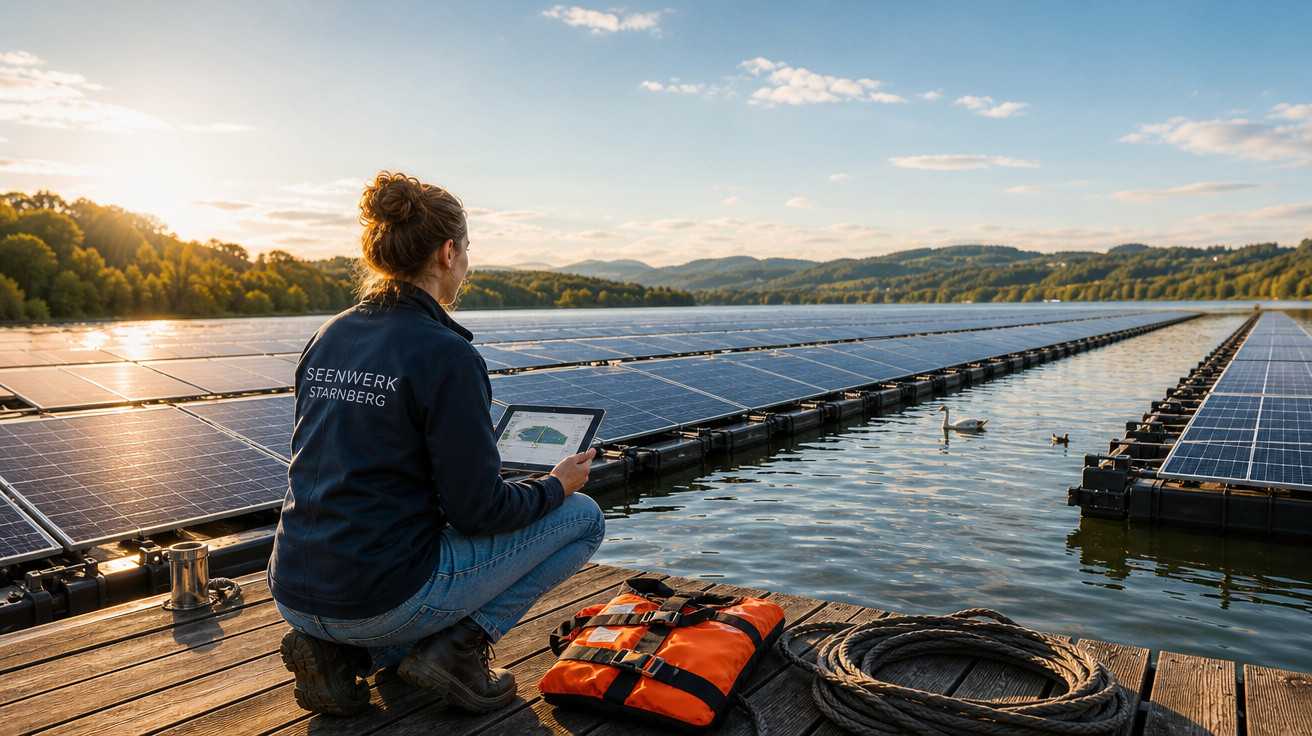 Mulher com tablet analisa painéis solares flutuantes em lago ao pôr do sol, cercada por natureza.