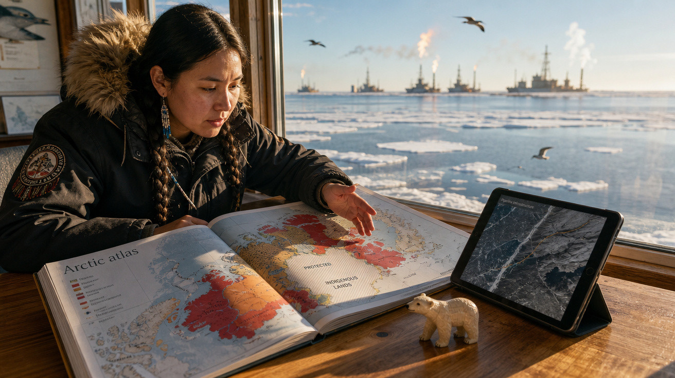 Mulher com jaqueta de inverno estuda atlas do Ártico em mesa com vista para navios e gelo no mar.