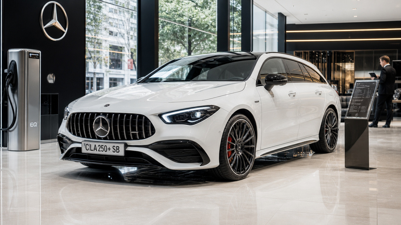 Carro branco Mercedes-Benz CLA 250+ SB em showroom moderno com detalhes em preto e rodas esportivas negras.