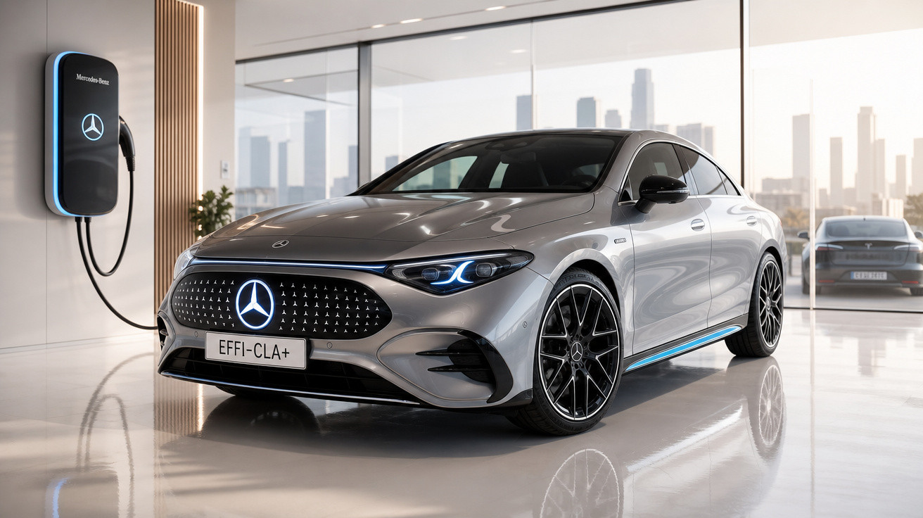 Carro elétrico Mercedes-Benz prata conectado a carregador em showroom moderno com vista panorâmica da cidade.