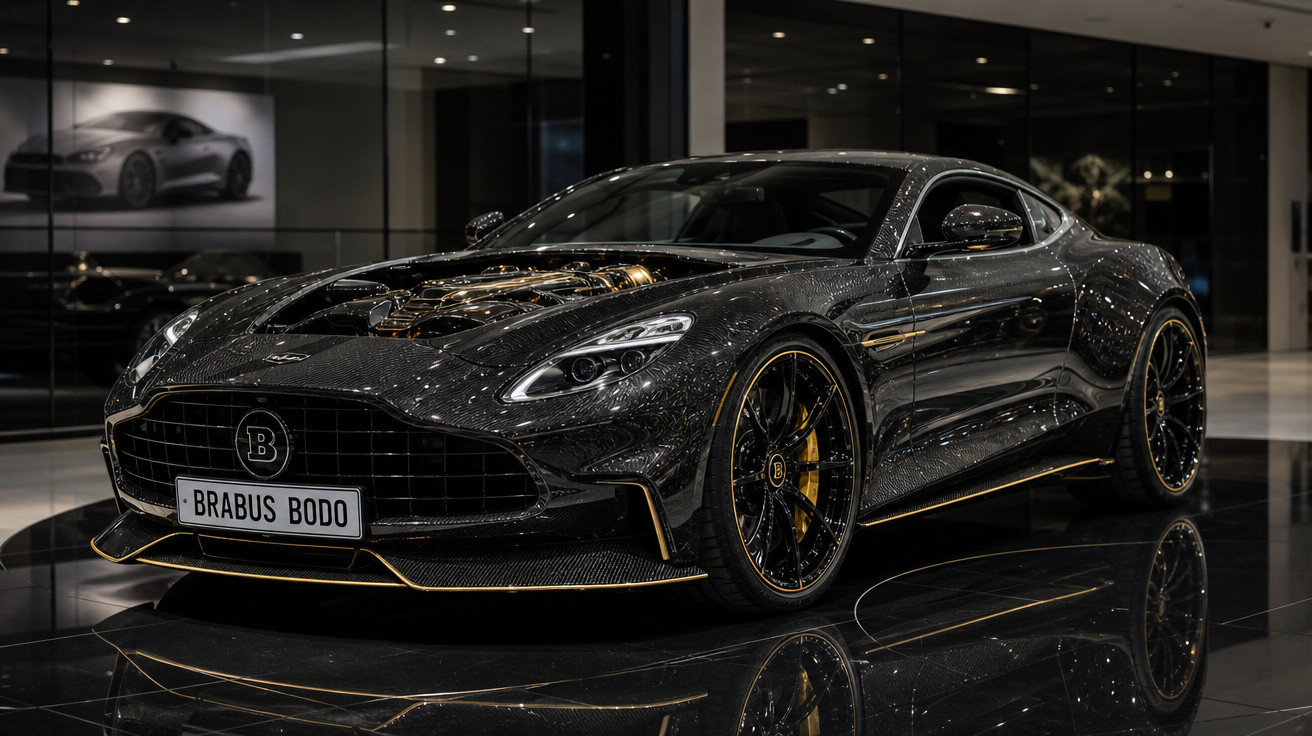 Carro esportivo preto com detalhes dourados exposto em showroom moderno e iluminado.