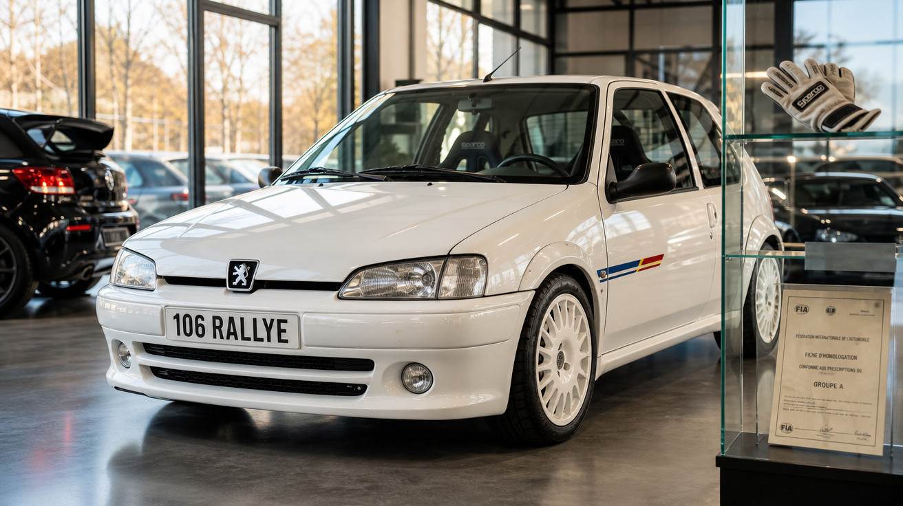 Carro branco Peugeot 106 Rallye em exposição interna com paredes de vidro e placa frontal personalizada.