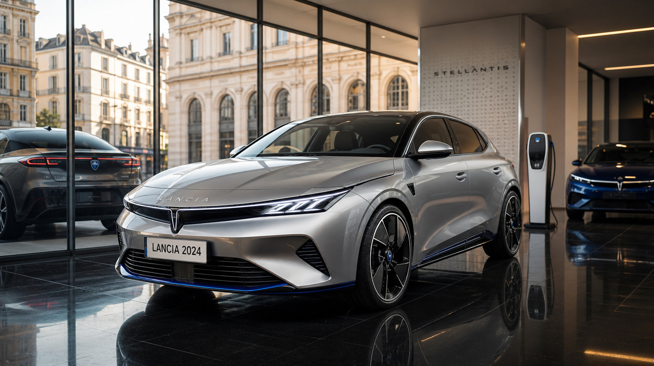 Carro elétrico Lancia 2024 prata exposto em showroom moderno com paredes de vidro e estação de recarga.