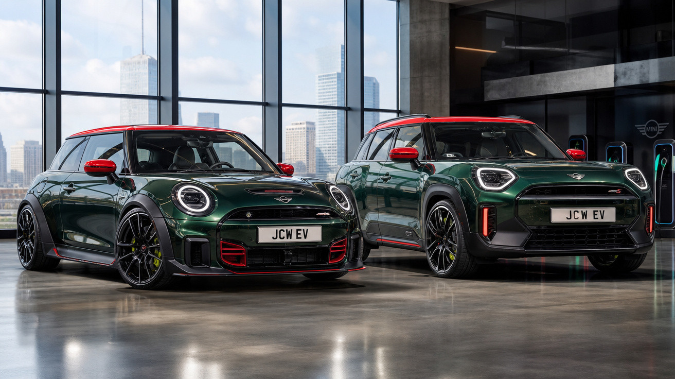 Dois carros elétricos Mini JCW EV na cor verde com detalhes vermelhos, estacionados em ambiente interno moderno.