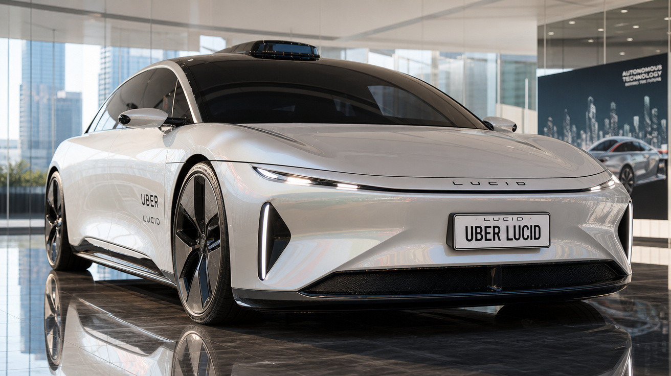 Carro elétrico branco Lucid com tecnologia autônoma e identificação Uber exibido em showroom moderno.