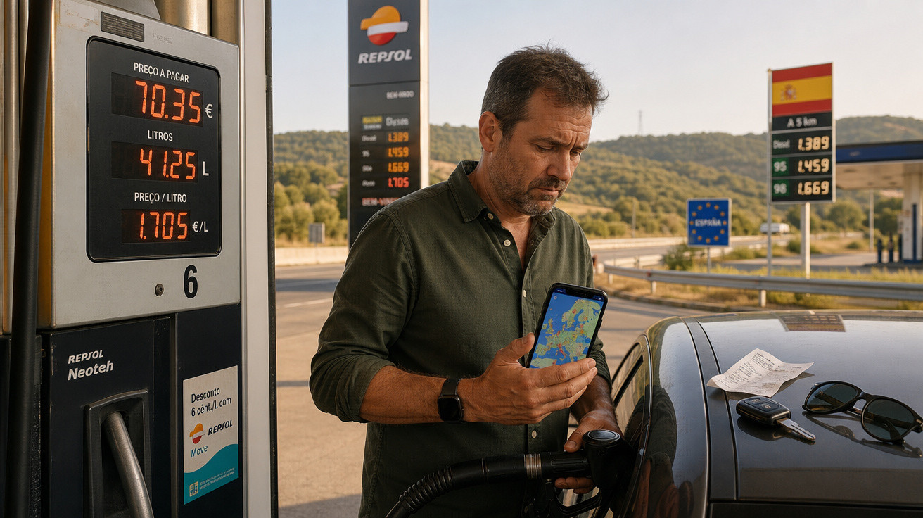 Homem abastecendo carro em posto Repsol, olhando mapa no celular, placa da Espanha ao fundo.