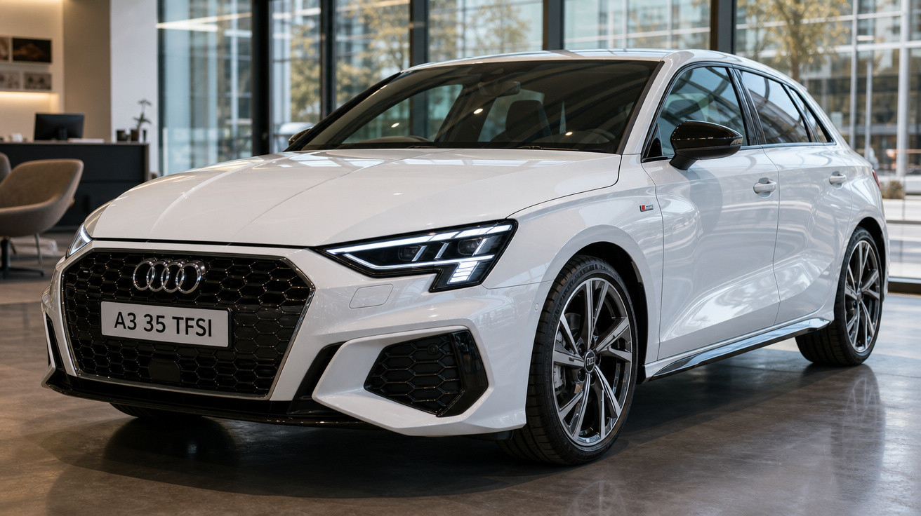 Audi A3 branco exibido em showroom moderno com janelas amplas e piso refletivo.