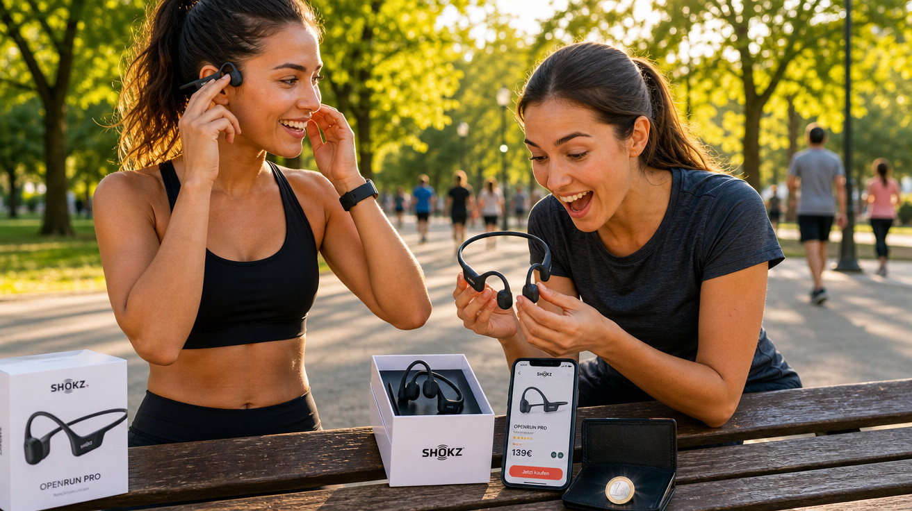 Duas mulheres experimentam fones de ouvido esportivos OpenRun Pro ao ar livre em um parque ensolarado.