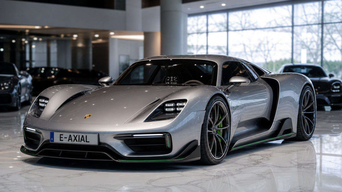 Carro esportivo prata Porsche estacionado em showroom moderno com piso branco brilhante.