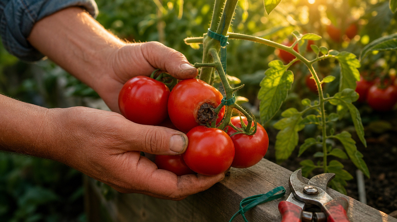 Mãos segurando tomates vermelhos maduros em planta com podador ao lado em horta ensolarada.
