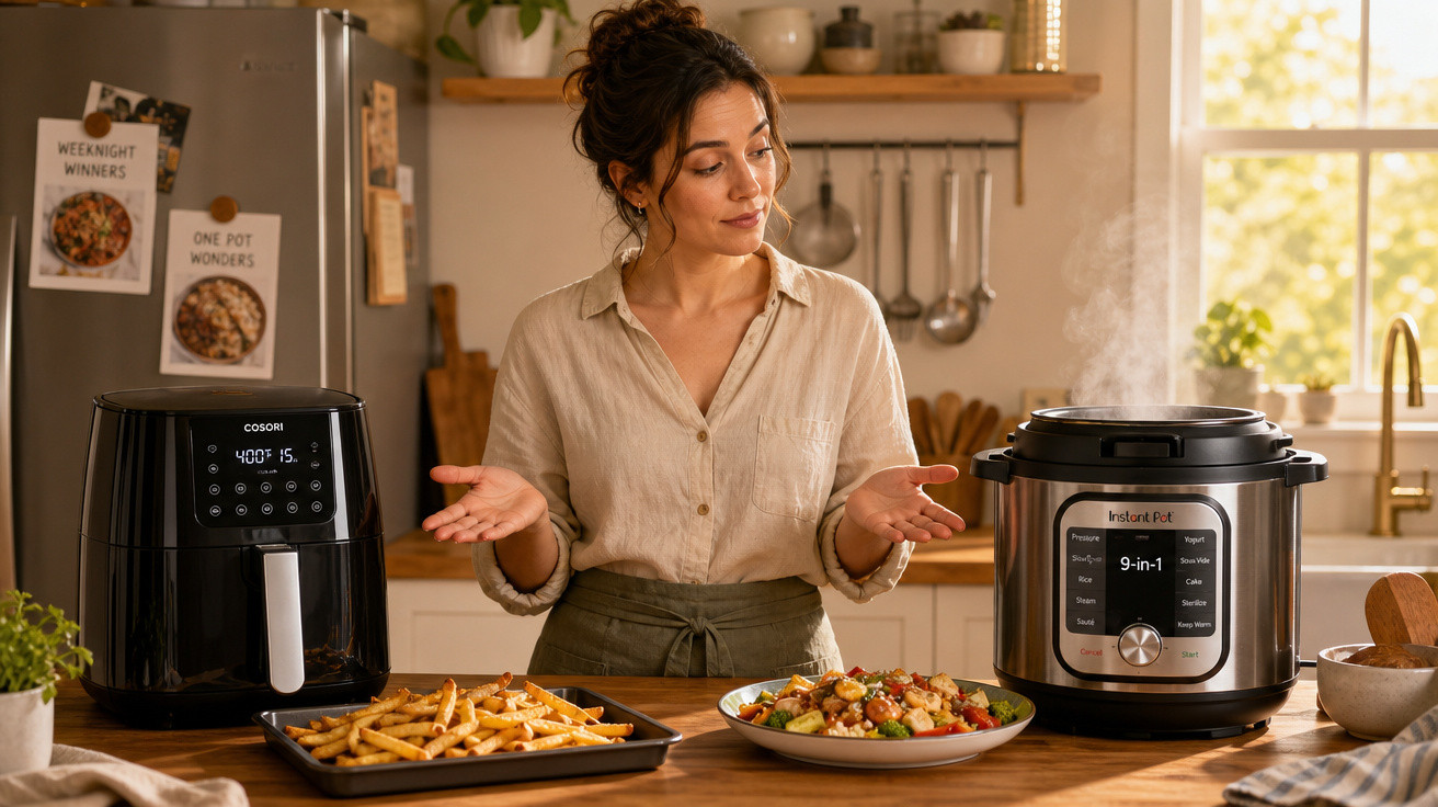 Mulher na cozinha com air fryer, prato de batatas fritas e panela elétrica instantânea fumegante.