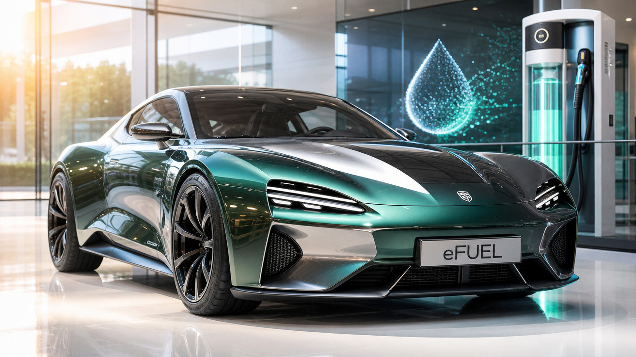 Carro esportivo elétrico verde metálico estacionado em showroom moderno com estação de recarga elétrica.