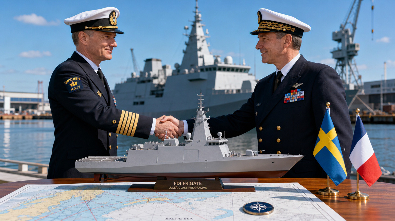 Dois oficiais navais apertando mãos ao lado de maquete de fragata com bandeiras da Suécia e França.
