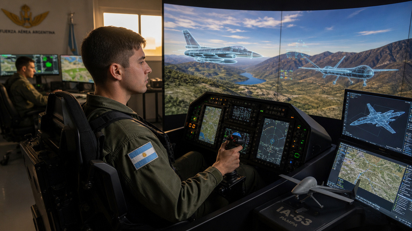 Militar argentino operando simulador de voo com telas que exibem jatos e paisagens montanhosas.