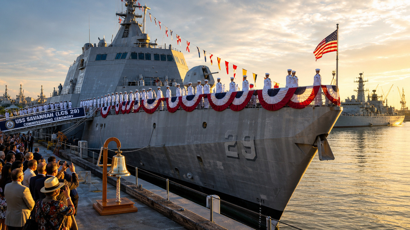 Navio USS Savannah LCS 29 atracado com marinheiros em fila para cerimônia de comissionamento ao pôr do sol.