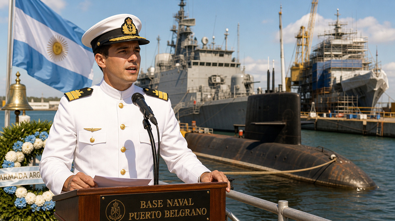 Oficial da marinha argentina em uniforme branco discursando em base naval com submarino e tripulação ao fundo.