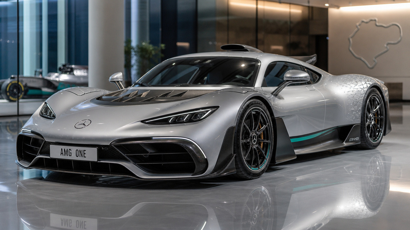 Carro esportivo Mercedes-AMG One prata exibido em ambiente moderno e iluminado.