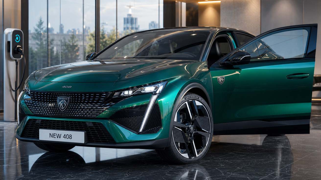 Carro elétrico Peugeot New 408 verde em exposição com porta dianteira aberta em sala moderna.