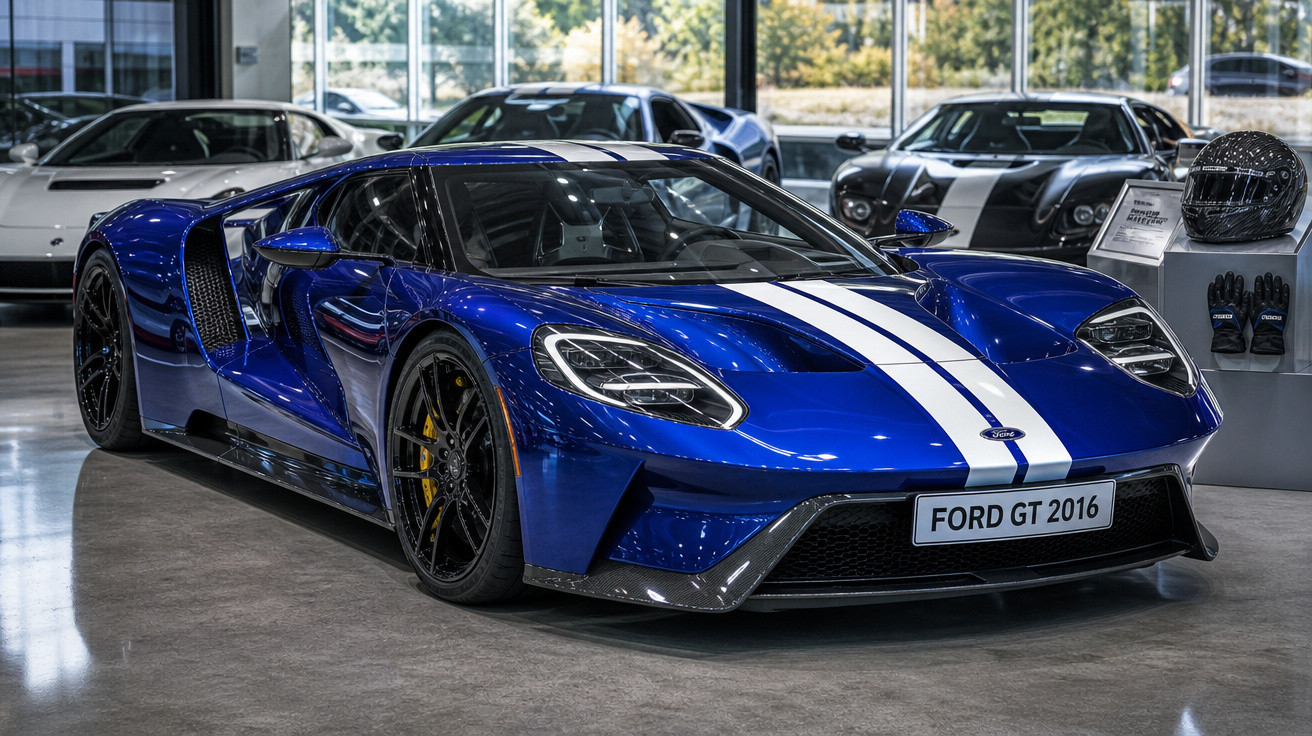 Carro esportivo azul Ford GT 2016 com listras brancas em showroom iluminado.